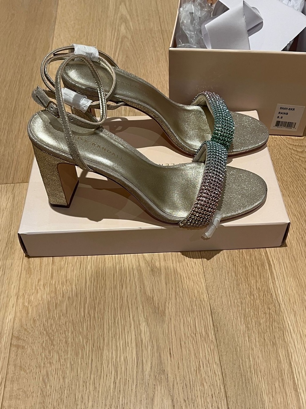 Loeffler Randall Gold Glitter Block Heel Sandals with Multicolor Crystal Strap